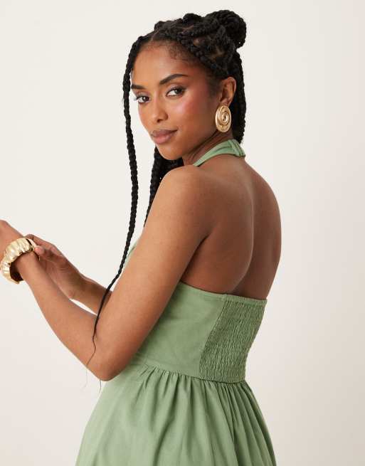ASOS DESIGN - Vestito midi allacciato al collo verde pistacchio con fondo a godet, 2 di 4