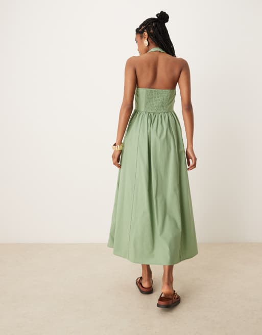 ASOS DESIGN - Vestito midi allacciato al collo verde pistacchio con fondo a godet, 3 di 4