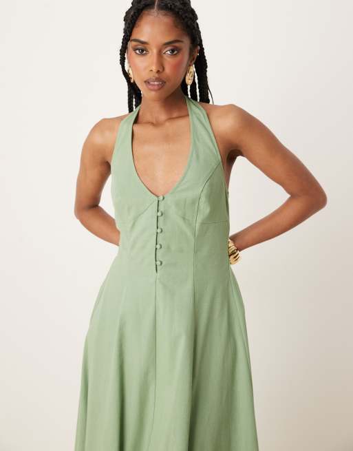 ASOS DESIGN - Vestito midi allacciato al collo verde pistacchio con fondo a godet, 4 di 4