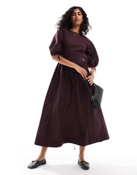 ASOS DESIGN - Vestito midi allacciato in vita bordeaux con stampa a quadri - view 1