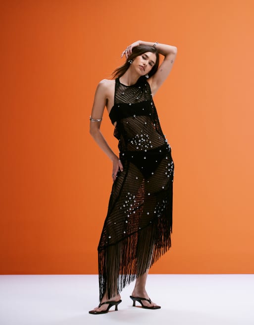 ASOS DESIGN - Vestito midi all'uncinetto nero decorato con perline argentate e frange, 3 di 4