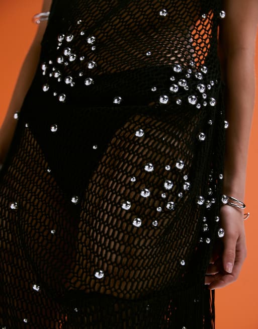 ASOS DESIGN - Vestito midi all'uncinetto nero decorato con perline argentate e frange, 4 di 4