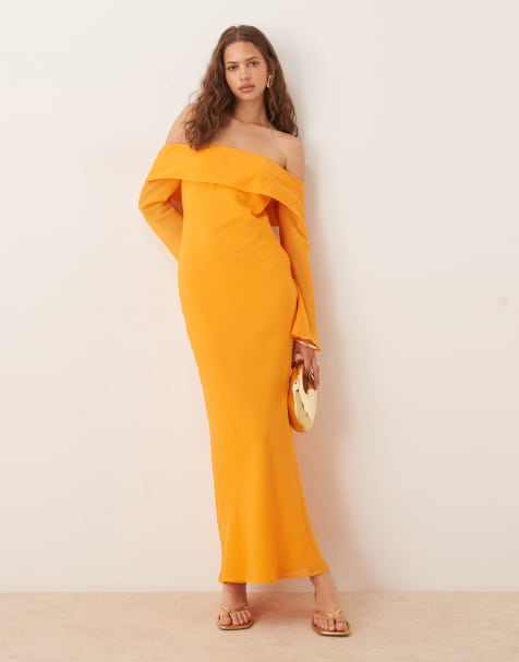 ASOS DESIGN - Vestito midi arancione con scollo alla Bardot con risvolto - view 1