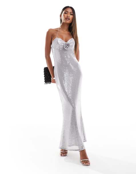 ASOS DESIGN - Vestito midi argento con decorazione floreale sul bustino e paillettes trasparenti - view 1