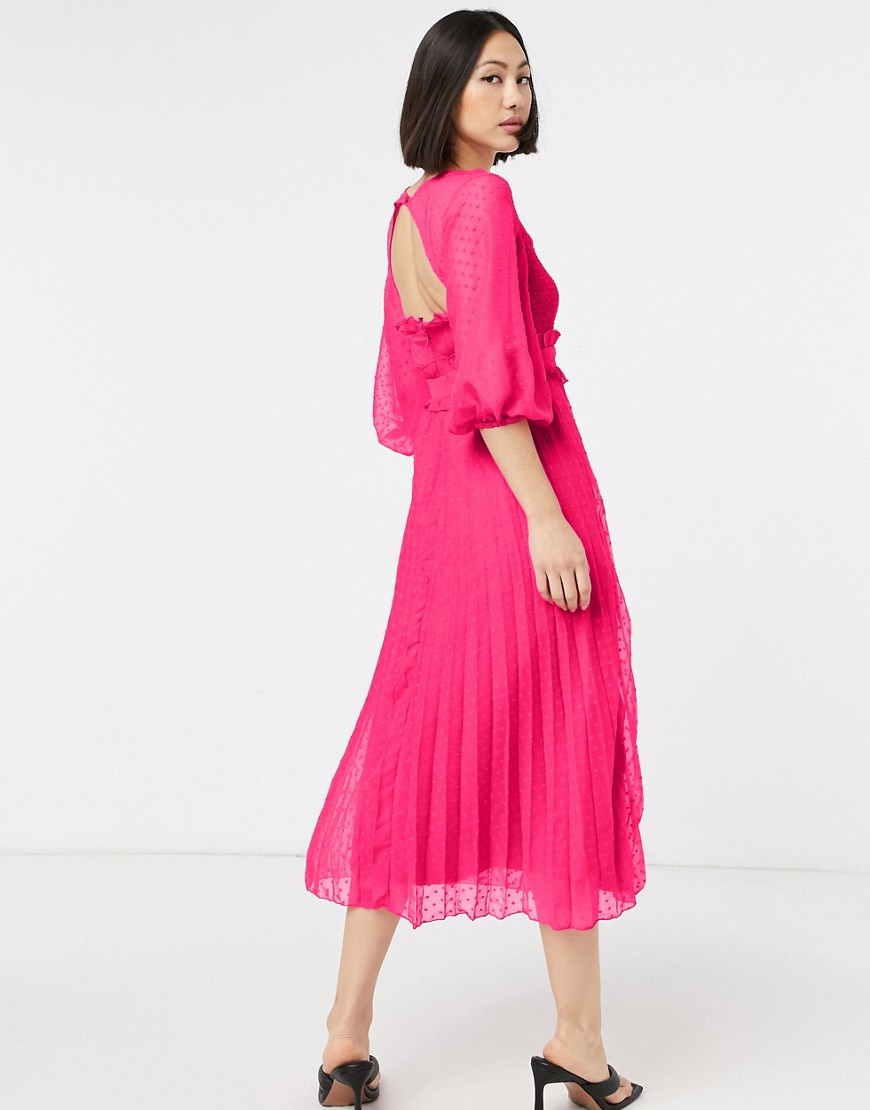 Vestito midi arricciato a pieghe in plumetis rosa vivo - ASOS DESIGN  donna Rosa - immagine3