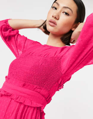 Vestito midi arricciato a pieghe in plumetis rosa vivo - ASOS DESIGN  donna Rosa - immagine2