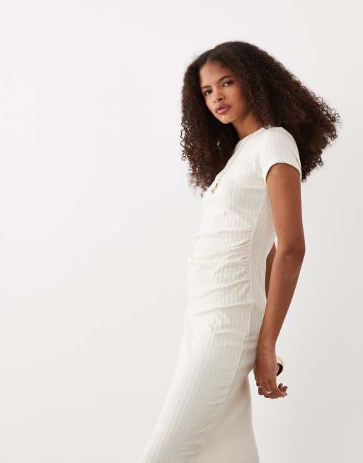 ASOS DESIGN - Vestito midi arricciato color crema a coste con maniche ad aletta, 2 di 4