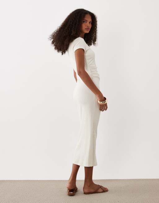 ASOS DESIGN - Vestito midi arricciato color crema a coste con maniche ad aletta, 4 di 4