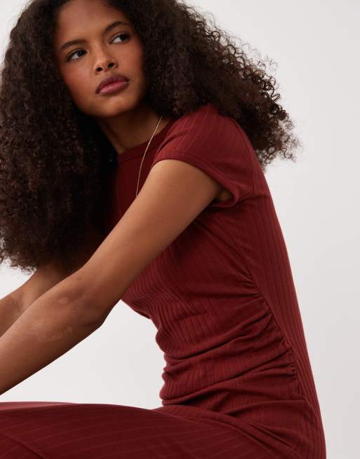 ASOS DESIGN - Vestito midi arricciato color ruggine a coste con maniche ad aletta, 3 di 4