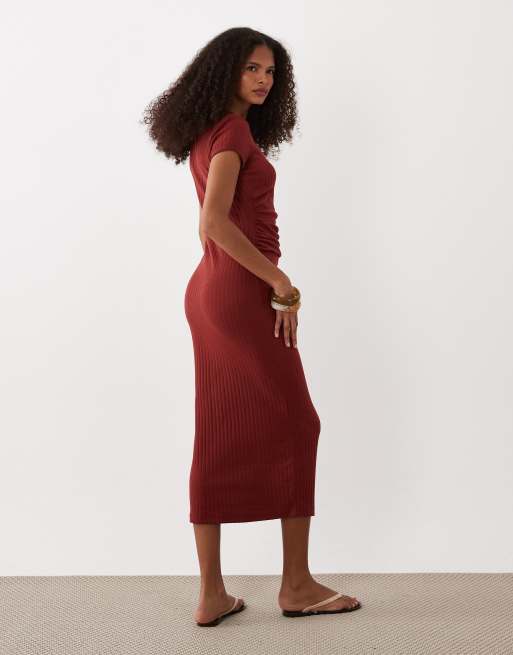 ASOS DESIGN - Vestito midi arricciato color ruggine a coste con maniche ad aletta, 4 di 4