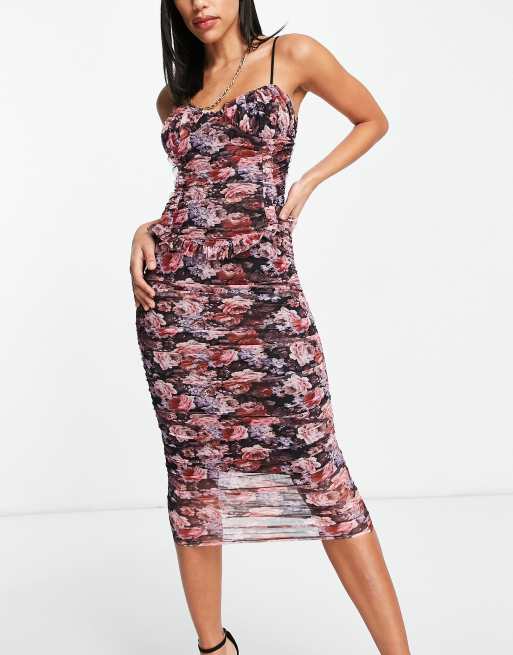ASOS DESIGN - Vestito midi arricciato in rete a fiori con spalline sottili