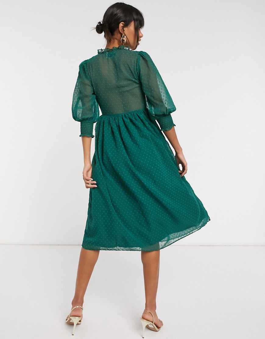 Vestito midi arricciato in tessuto a pallini verde bosco - ASOS DESIGN  donna Verde - immagine3