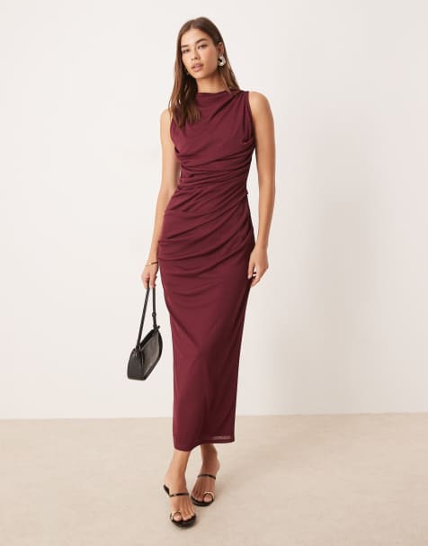 ASOS DESIGN - Vestito midi arricciato senza maniche in rete color prugna - view 1