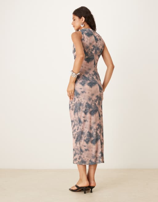ASOS DESIGN - Vestito midi arricciato senza maniche in rete con stampa a macchie sfumate, 4 di 4