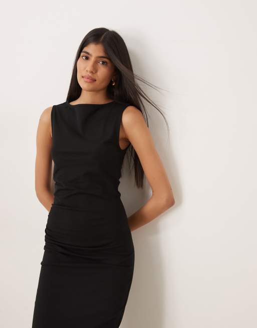 ASOS DESIGN - Vestito midi arricciato sul lato nero con scollo a barchetta, 2 di 4