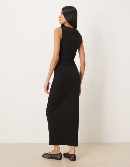 ASOS DESIGN - Vestito midi arricciato sul lato nero con scollo a barchetta, 3 di 4