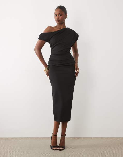 ASOS DESIGN - Vestito midi asimmetrico con spalle scoperte in tessuto stile scuba nero - view 1