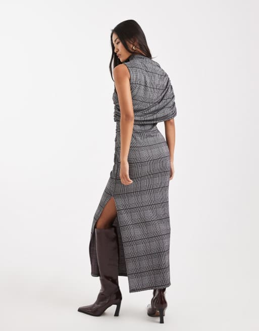 ASOS DESIGN - Vestito midi asimmetrico drappeggiato in jacquard a quadri, 3 di 4