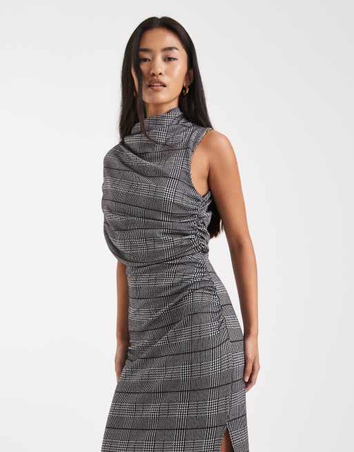 ASOS DESIGN - Vestito midi asimmetrico drappeggiato in jacquard a quadri, 4 di 4
