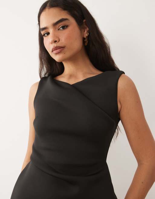 ASOS DESIGN - Vestito midi asimmetrico drappeggiato in tessuto scuba nero, 2 di 4