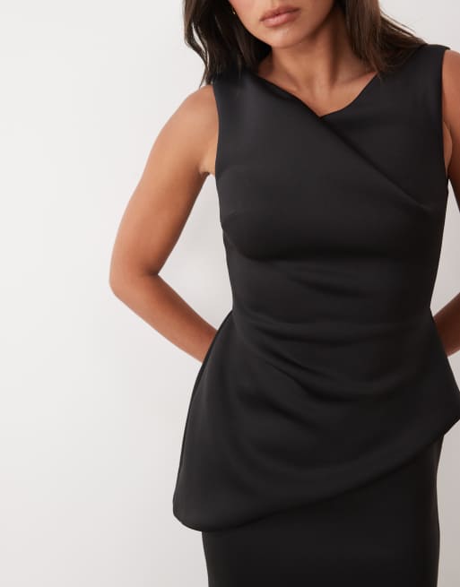 ASOS DESIGN vestito midi asimmetrico drappeggiato in tessuto scuba nero, 3 di 4