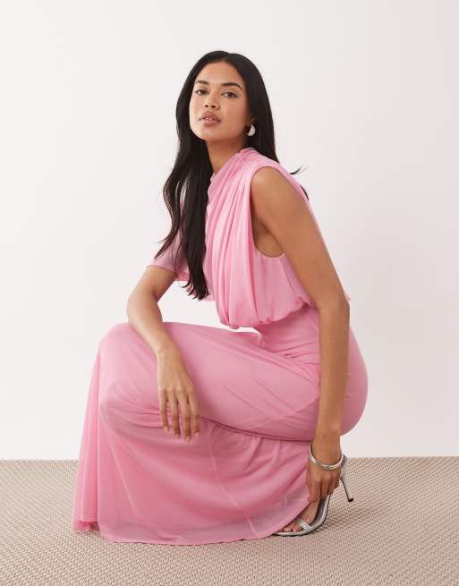 ASOS DESIGN - Vestito midi asimmetrico in rete rosa con corpino a campana e maniche ad aletta, 2 di 4