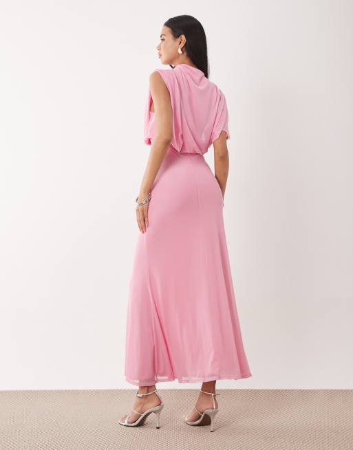 ASOS DESIGN - Vestito midi asimmetrico in rete rosa con corpino a campana e maniche ad aletta, 4 di 4