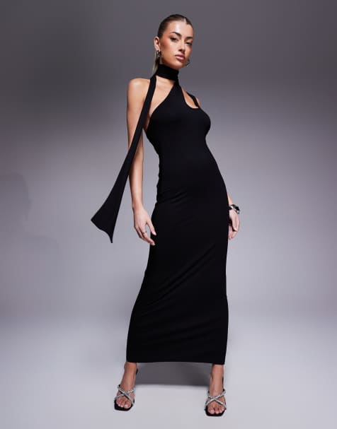 ASOS DESIGN - Vestito midi asimmetrico nero con dettaglio allacciato al collo e cut-out sulla spalla - view 1