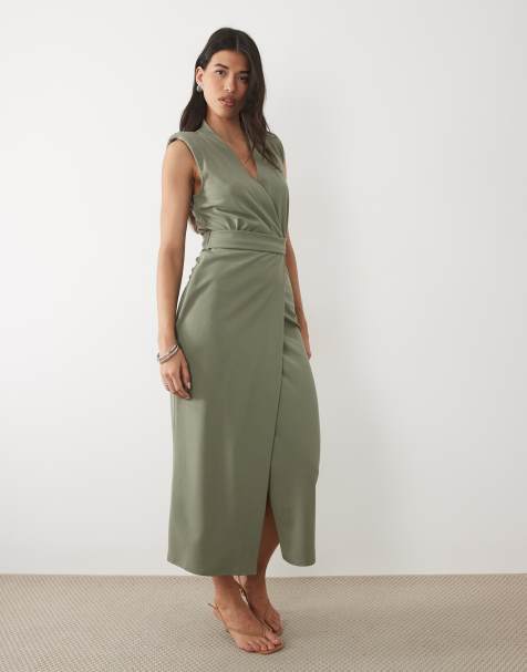 ASOS DESIGN - Vestito midi avvolgente con cintura e spalline imbottite in tessuto scuba kaki - view 1