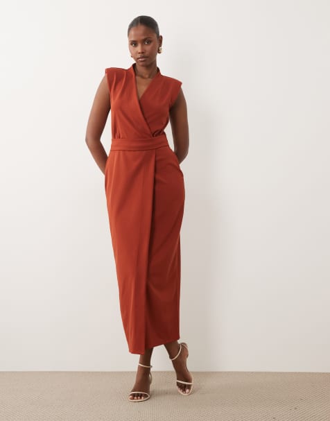 ASOS DESIGN - Vestito midi avvolgente con cintura e spalline imbottite in tessuto scuba ruggine - view 1