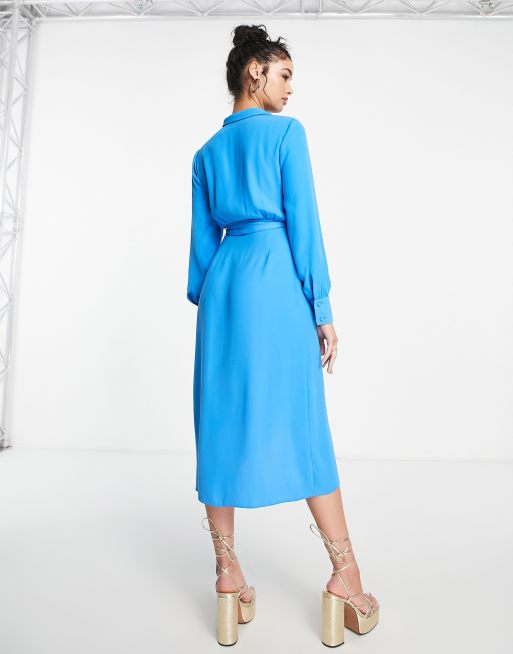 ASOS DESIGN - Vestito midi avvolgente con colletto e cintura in vita cobalto , 2 di 4