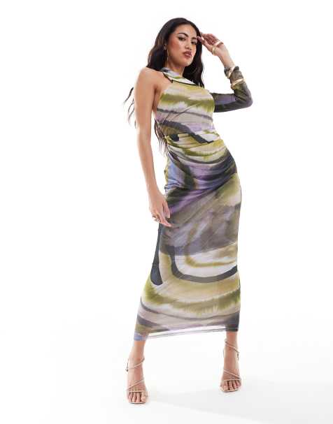 ASOS DESIGN - Vestito midi avvolgente monospalla in rete con gonna sagomata e stampa astratta - view 1