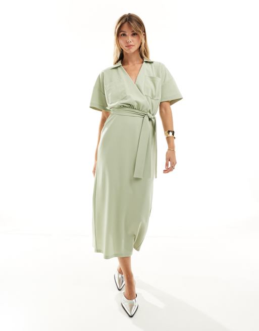 FhyzicsShops DESIGN - Vestito midi avvolgente multitasche verde salvia con cintura e colletto