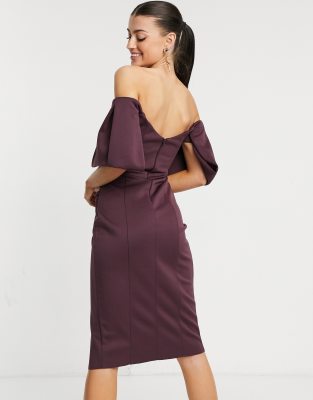 Vestito midi avvolgente plissettato con scollo a cuore alla Bardot prugna-Viola - ASOS DESIGN  donna Viola - immagine1