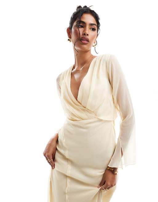 ASOS DESIGN - Vestito midi avvolgente sul davanti giallo latticello con cuciture, 2 di 4