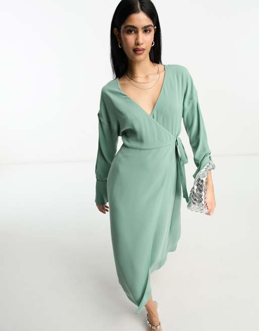ASOS DESIGN - Vestito midi avvolgente verde salvia con dettaglio polsini, 4 di 4