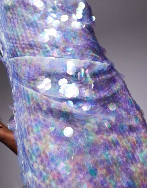 ASOS DESIGN - Vestito midi azzurro asimmetrico con scollo ad anello e paillettes iridescenti, 3 di 4