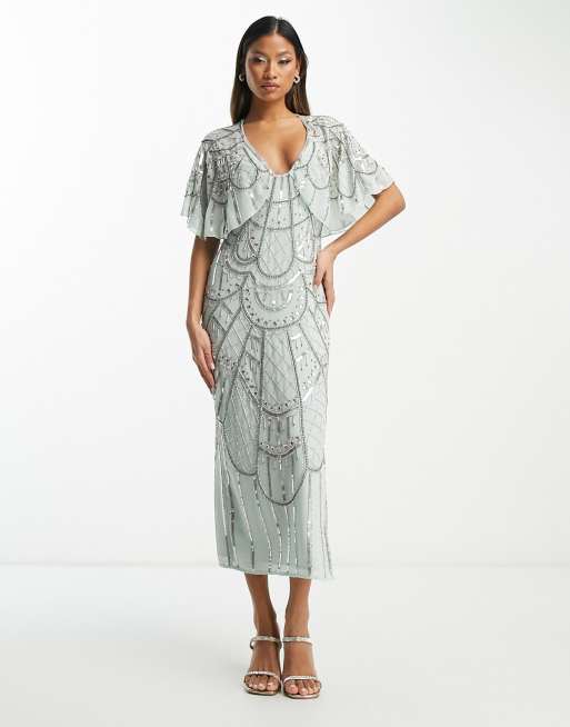 ASOS DESIGN - Vestito midi azzurro con maniche con volant decorato con paillettes