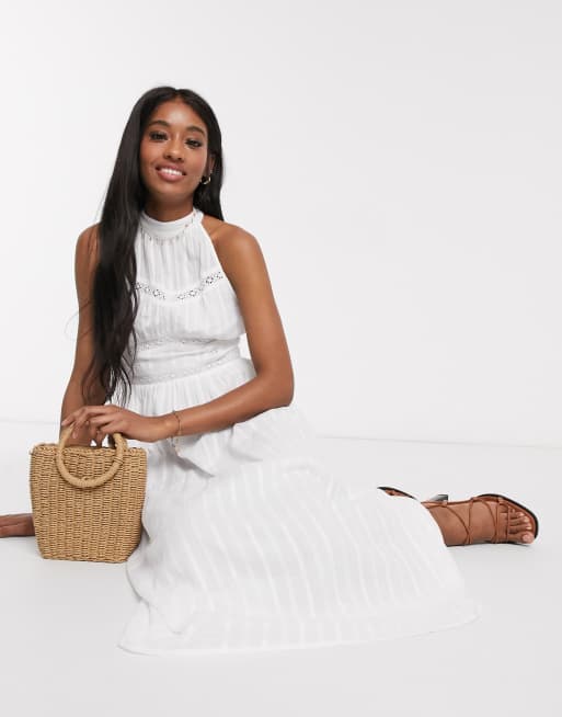 ASOS DESIGN - Vestito midi bianco allacciato al collo con inserti in pizzo