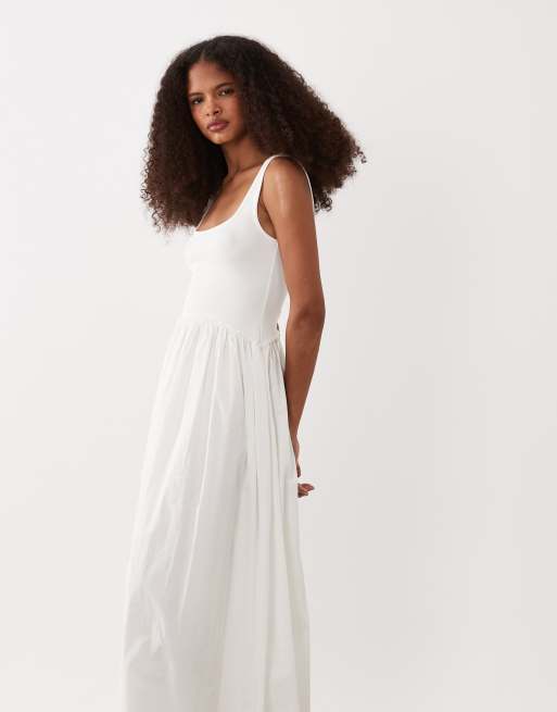 ASOS DESIGN - Vestito midi bianco con gonna in popeline e corpino a coste con scollo rotondo, 2 di 4