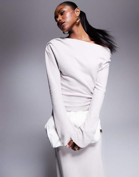 ASOS DESIGN - Vestito midi bianco sporco a coste con spalle scese - view 1