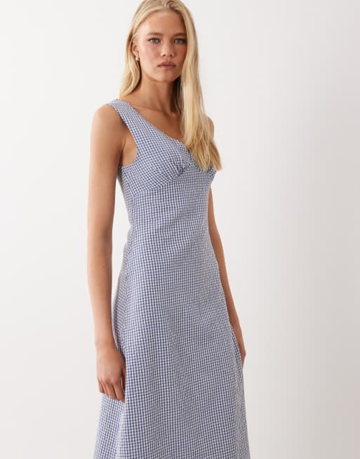 ASOS DESIGN - Vestito midi blu a quadretti con scollo a V, 2 di 4