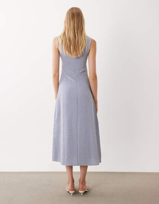 ASOS DESIGN - Vestito midi blu a quadretti con scollo a V, 4 di 4