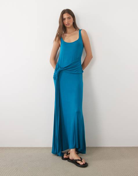 ASOS DESIGN - Vestito midi blu con scollo a barchetta, arricciatura e laccetti - view 1