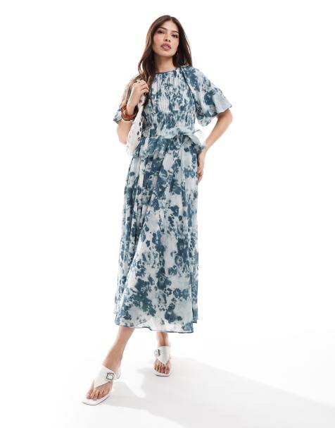 ASOS DESIGN - Vestito midi blu con stampa a fiori e maniche a sbuffo arricciato in vita - view 1