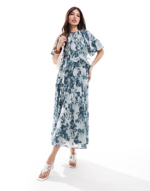 ASOS DESIGN - Vestito midi blu con stampa a fiori e maniche a sbuffo arricciato in vita