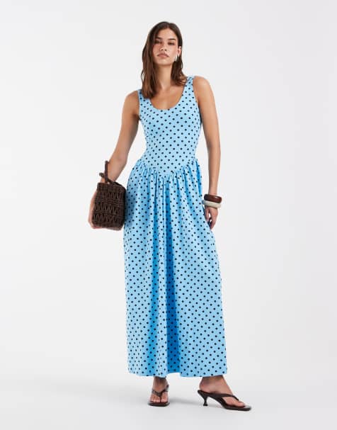 ASOS DESIGN - Vestito midi blu e marrone a pois con orlo a palloncino - view 1