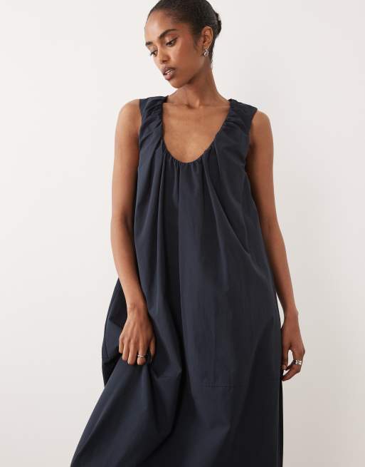 ASOS DESIGN - Vestito midi blu navy arricciato con scollo profondo, 3 di 4