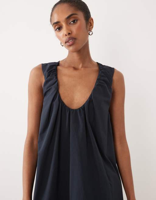 ASOS DESIGN - Vestito midi blu navy arricciato con scollo profondo, 4 di 4