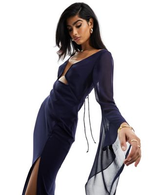 ASOS DESIGN wired neckline bias midi dress with extreme sleeve in navy - ASOS Price Checker